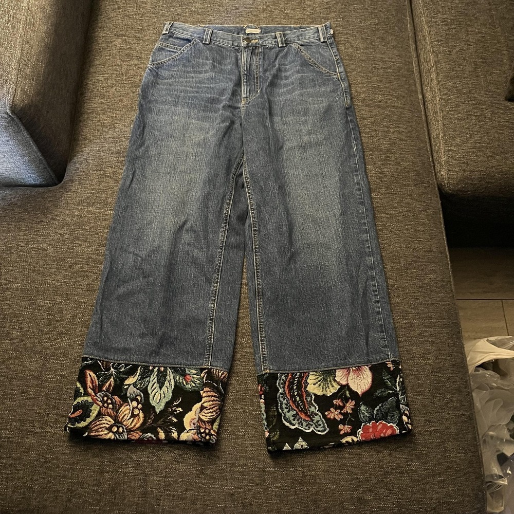 Rachel Comey Wide-Leg Jeans with Floral Cuffs - Denim Blue & Multicolor